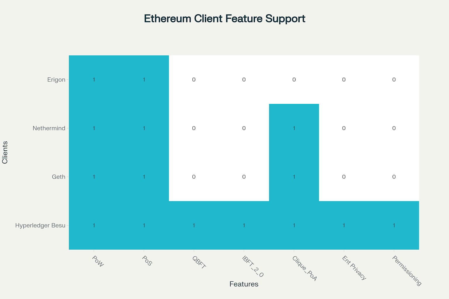 Feature support comparison across major Ethereum clients highlighting Besu's comprehensive enterprise capabilities